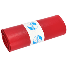 A tightly rolled bundle of DEISS garbage bags 575x1000x0.01 mm made of LDPE 70 l from EMIL DEISS KG (GmbH + Co.), with a white-blue "PREMIUM" label in the middle, stands against a plain white background.