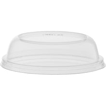 The Duni GmbH Dome Lid 127724 Transparent PS (Pack of 20 pieces) is pictured upside down on a white background. This clear, round lid has a raised edge and a smooth surface - ideal for versatile food packaging.