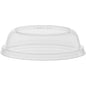 The Duni GmbH Dome Lid 127724 Transparent PS (Pack of 20 pieces) is pictured upside down on a white background. This clear, round lid has a raised edge and a smooth surface - ideal for versatile food packaging.