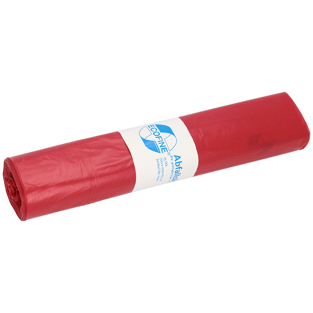 A roll of DEISS ECOFINE® waste bags 13900, 120 liters, made of recycled LDPE/LLDPE from EMIL DEISS KG (GmbH + Co.) with a white label on a white background - ideal for environmentally friendly waste disposal.