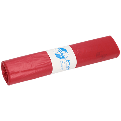 A roll of DEISS ECOFINE® waste bags 13900, 120 liters, made of recycled LDPE/LLDPE from EMIL DEISS KG (GmbH + Co.) with a white label on a white background - ideal for environmentally friendly waste disposal.
