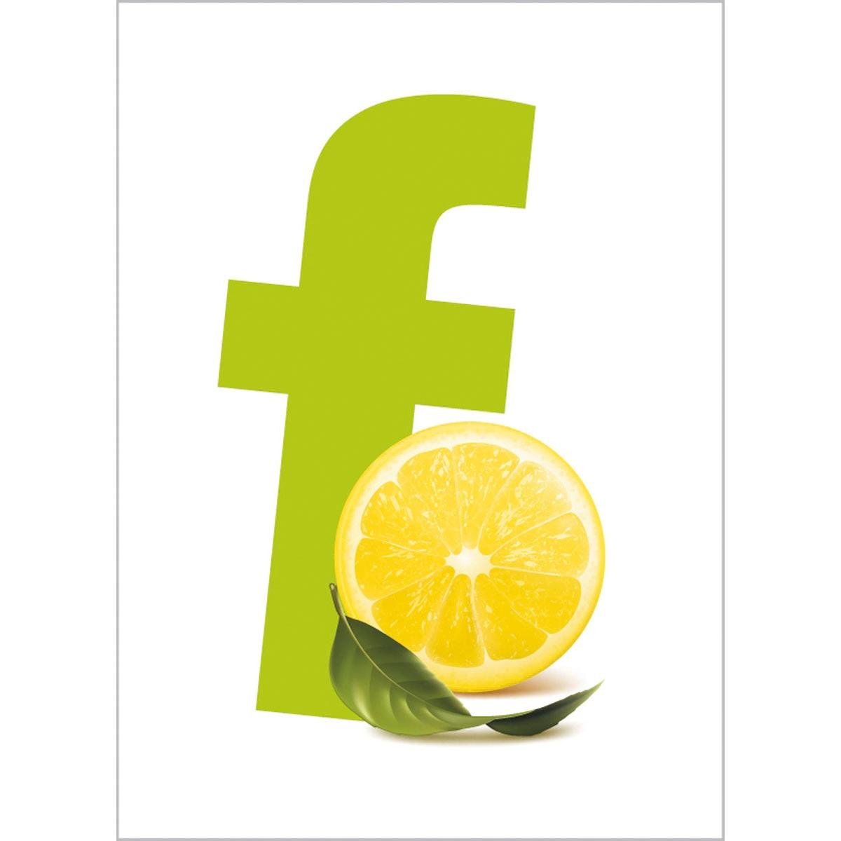 A large green "f" stands behind a forward-facing half lemon and a green leaf on a white background - perfectly capturing the lemon scent and freshness of the Duni GmbH refreshing wipes 71x51 mm, Lemon (1000 pieces) for on the go.