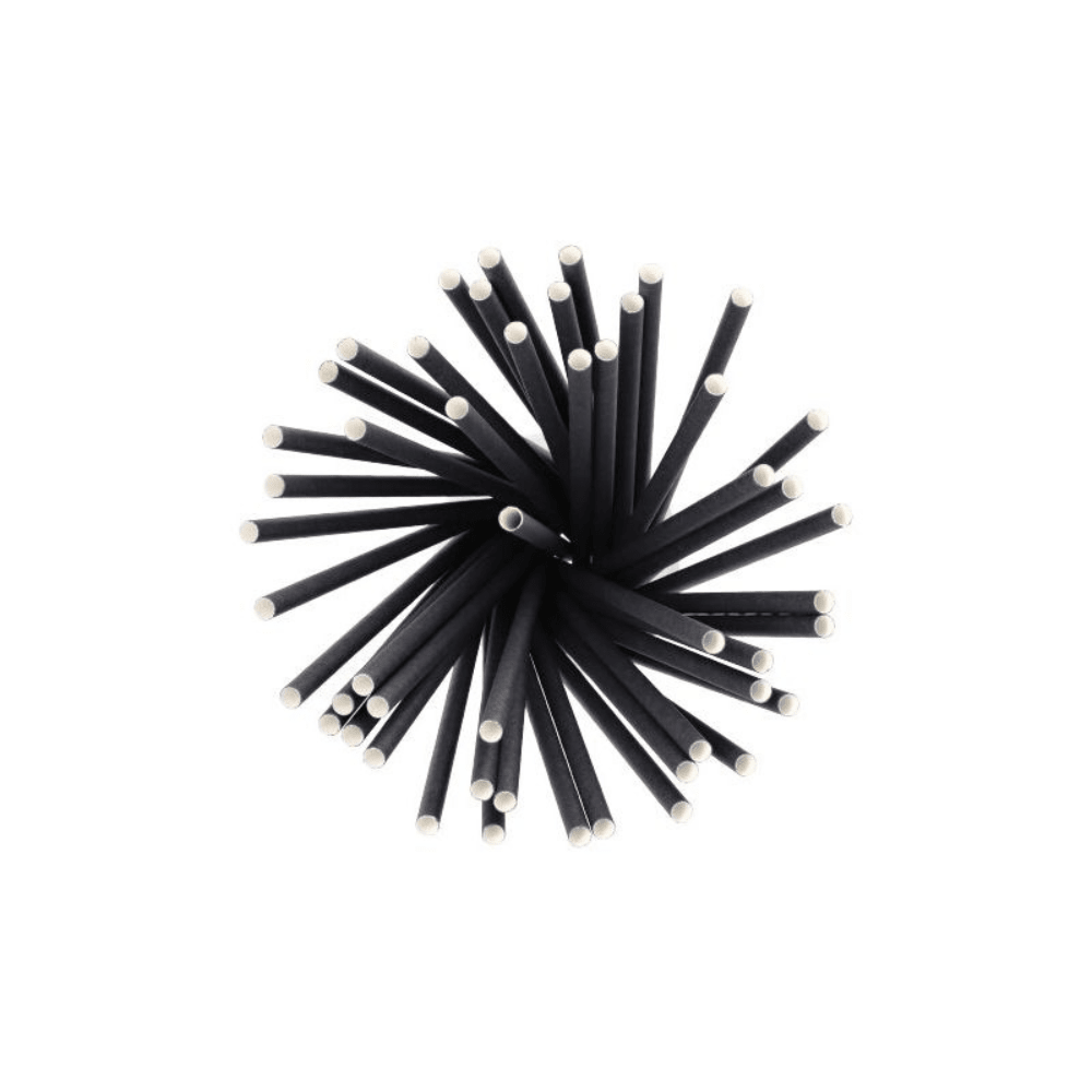 A top view of a group of eco-friendly, black cylindrical rods with white ends, arranged like sustainable shake straws, paper drinking straws Ø 8 mm, 25 cm, from PAPSTAR GmbH in a radial star pattern.