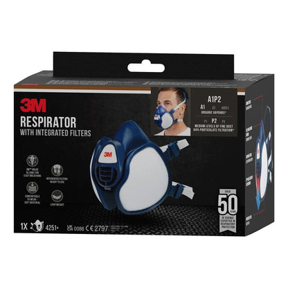 The 3M™ respirator with integrated filters from 3M Deutschland GmbH is depicted on the carton, showing the mask being worn and features such as 50+ hours of protection and models 4251+ and 2797.