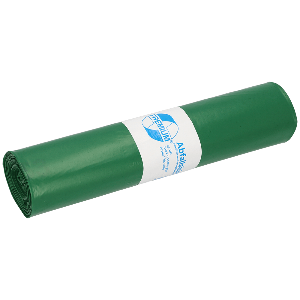 A rolled bundle of green DEISS 12002 garbage bags (700x1100 mm, Type 60) from EMIL DEISS KG, 25 bags per roll, with a white label and blue text for professional waste disposal.
