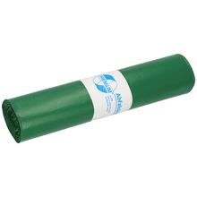 A rolled bundle of green DEISS 12002 garbage bags (700x1100 mm, Type 60) from EMIL DEISS KG, 25 bags per roll, with a white label and blue text for professional waste disposal.