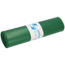 A roll of DEISS 12003 green trash bags (700x1100x0.06 mm, 25 bags) from EMIL DEISS KG (GmbH + Co.), with a white-blue label containing information on professional waste disposal.