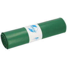 A tightly rolled bundle of green garbage bags (25 pieces per roll) from EMIL DEISS KG (GmbH + Co.) DEISS 12004 - 700x1100x0.07 mm is wrapped with a white label with blue text and logo, depicted on a white background.