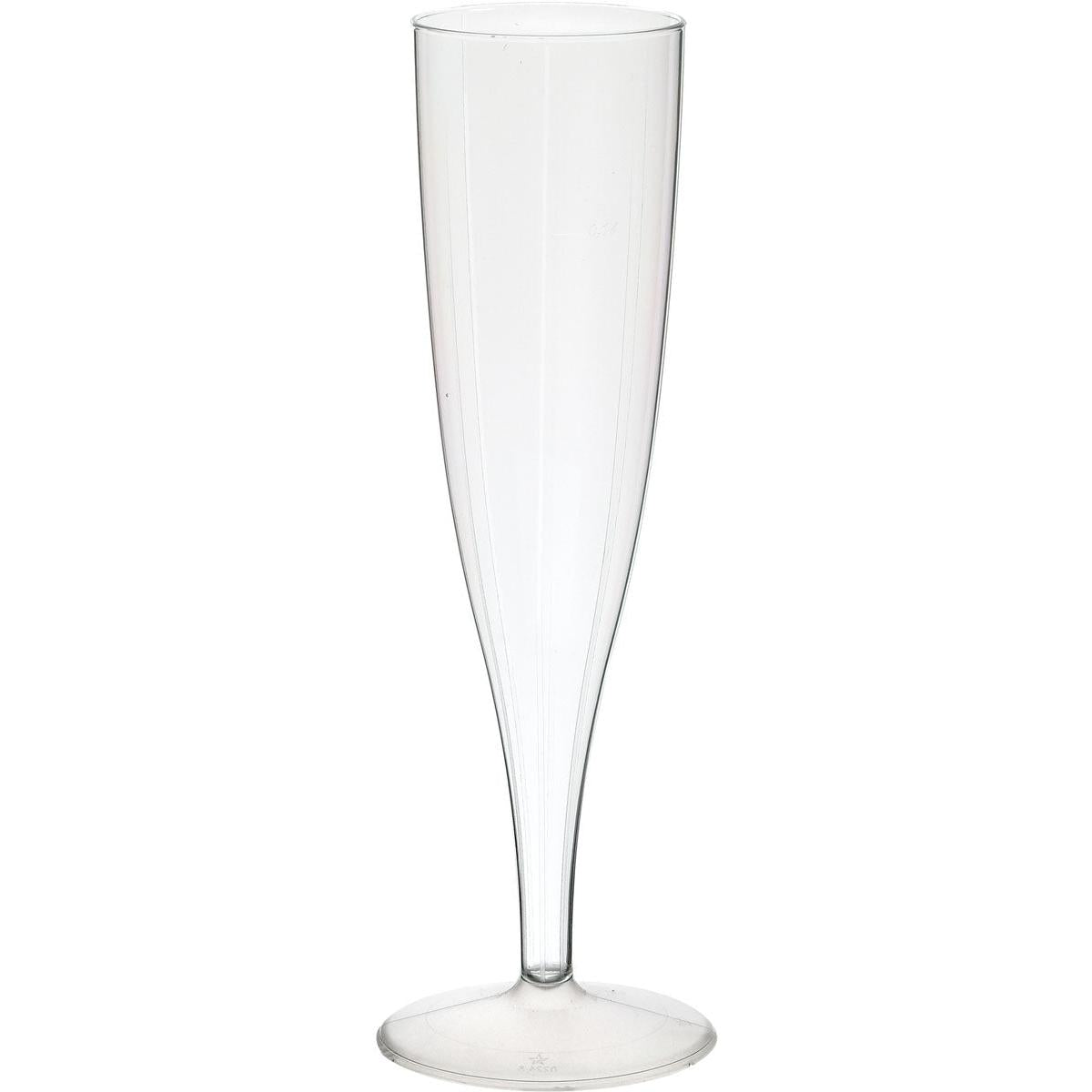 A clear champagne glass Transparent 135 ml from Duni GmbH made of high-quality PS stands with a long stem and narrow bowl against a white background, presenting the elegance of the glass, available in a pack of 10.