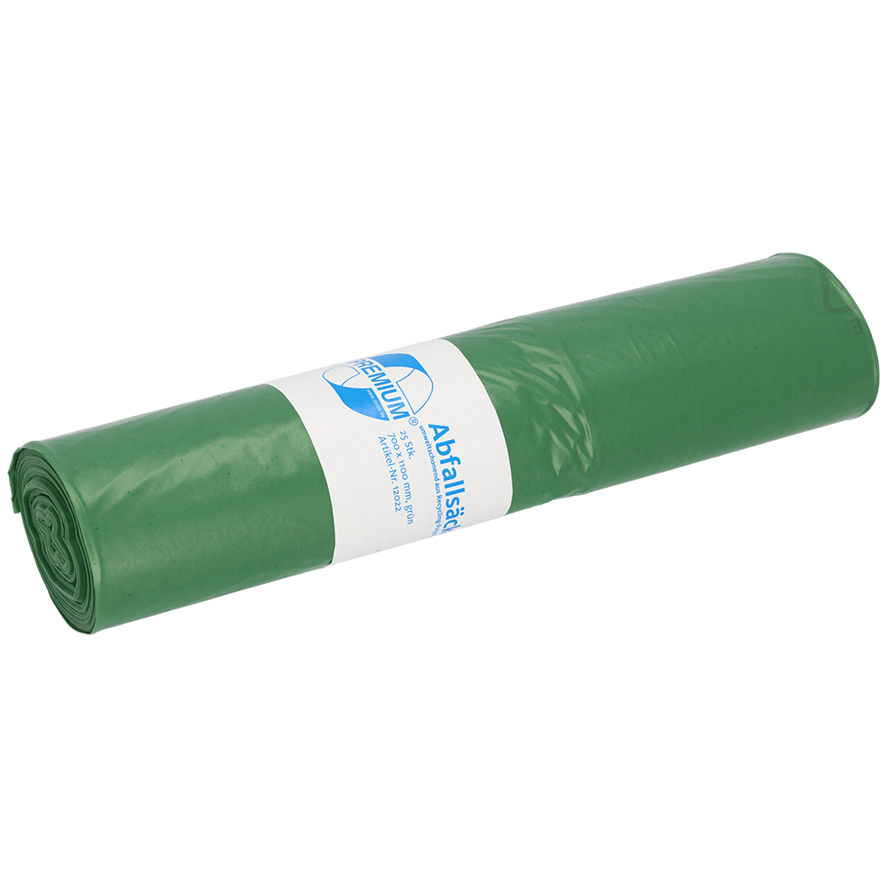 A roll of green garbage bags from EMIL DEISS KG (GmbH + Co.), DEISS 12022 - 700x1100 mm Type 60, roll (25 pieces), with a white-blue label in the middle, is depicted against a plain background.