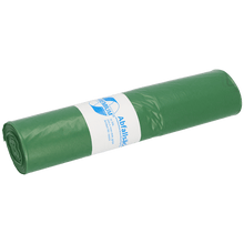 A roll of green garbage bags from EMIL DEISS KG (GmbH + Co.), DEISS 12022 - 700x1100 mm Type 60, roll (25 pieces), with a white-blue label in the middle, is depicted against a plain background.