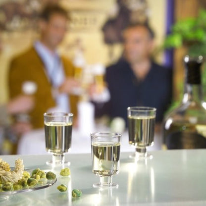 The Starpak 20 white wine glasses, made of crystal-clear polystyrene, are sitting on a table with olives and a bottle, while three people in the background are chatting over drinks.