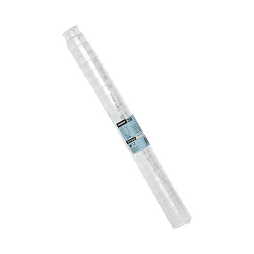 The Starpak 20 white wine stemmed glasses, made of crystal-clear PS and packaged in a convenient cylindrical box with a blue-and-white label, feature an elegant design—ideal for serving drinks at any event.