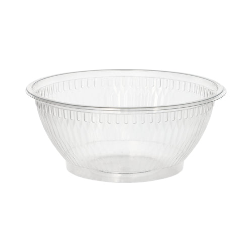 The Starpak 50 salad bowls, R-PET round crystal clear from Starpak are a transparent plastic salad bowl with a wide rim and textured vertical sides, made of eco-friendly R-PET, depicted on a plain white background.
