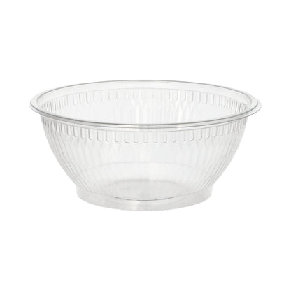 The Starpak 50 salad bowls, R-PET round crystal clear from Starpak are a transparent plastic salad bowl with a wide rim and textured vertical sides, made of eco-friendly R-PET, depicted on a plain white background.