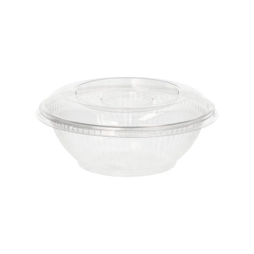The Starpak 50 salad bowls, R-PET round crystal clear food containers and lids from Starpak are made of clear, eco-friendly plastic – ideal for salads and food storage, depicted on a plain white background.