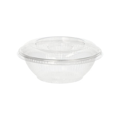 The Starpak 50 salad bowls, R-PET round crystal clear food containers and lids from Starpak are made of clear, eco-friendly plastic – ideal for salads and food storage, depicted on a plain white background.