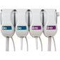 Four white QFM dosing stations from Diversey Deutschland GmbH & Co. OHG are mounted side by side on the wall, each labeled "D2" (blue) or "D10" (purple) and equipped with a nozzle and a hose for precise mixing of cleaning and disinfecting solutions.