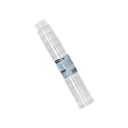 A package of 10 Starpak glasses with clear PS stem for white wine (0.1 l, Ø 5.1 cm, 8.5 cm), individually, in shrink wrap with a blue-white label with product details.