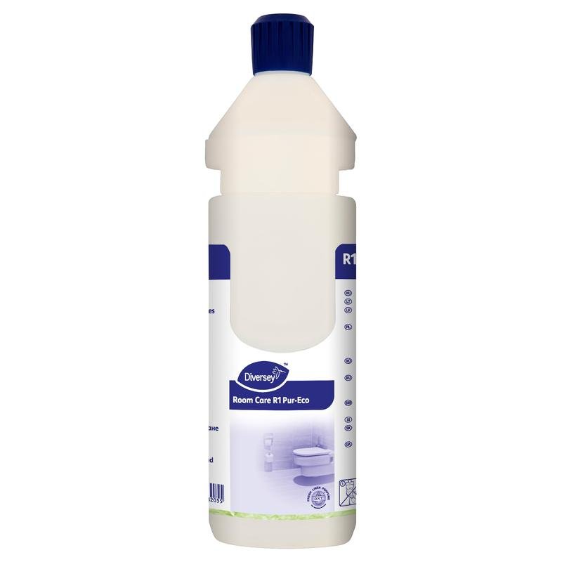 A white Room Care R1 Plus bottle made of plastic, empty from Diversey Deutschland GmbH & Co. OHG, with a blue cap and a blue-white label with text and symbols.