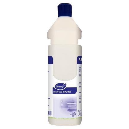 A white Room Care R1 Plus bottle made of plastic, empty from Diversey Deutschland GmbH & Co. OHG, with a blue cap and a blue-white label with text and symbols.