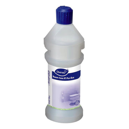 A Room Care R1 Plus bottle, empty, made of plastic from Diversey Deutschland GmbH & Co. OHG has a blue cap and a blue-white label with a bathroom illustration and product information.