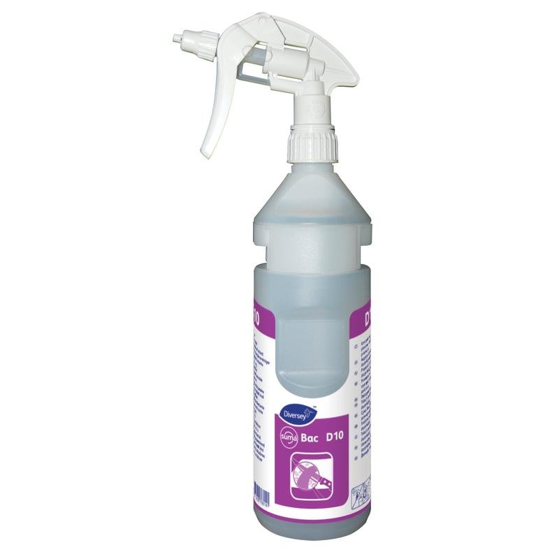 A clear plastic bottle with a white trigger, containing blue liquid and a purple-white label, is the Suma Bac D10 conc (0.75l) bottle kit from Diversey Deutschland GmbH & Co. OHG, suitable for Divermite and DQFM systems.