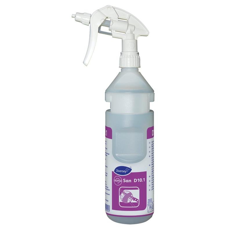 A 0.75L spray bottle made of clear plastic labeled "Flaschenkit Suma San-conc D10.1 conc" by Diversey Deutschland GmbH & Co. OHG, including a dispenser band and suitable for Divermite & DQFM, designed for professional refill use.