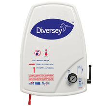 The J2000 dosing station complete from Diversey Deutschland GmbH & Co. OHG is a mixing spray device for two products with a multilingual manual, control button, temperature display, lever, and red nozzle for precise dosing.