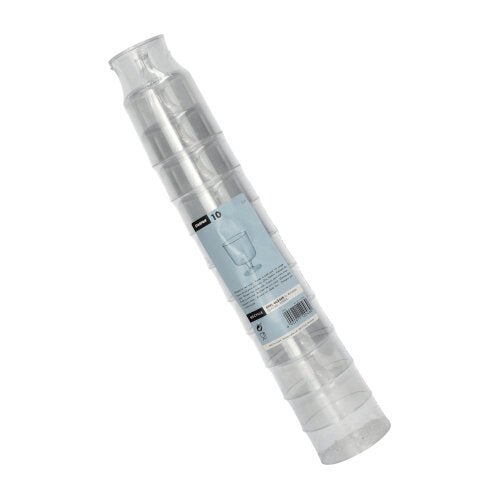 A stack of ten Starpak 0.2l stem glasses for red wine made of crystal-clear polystyrene (individual, Ø7.2cm, 10cm high) is packaged in shrink wrap with blue and white product labeling and a wine glass illustration.