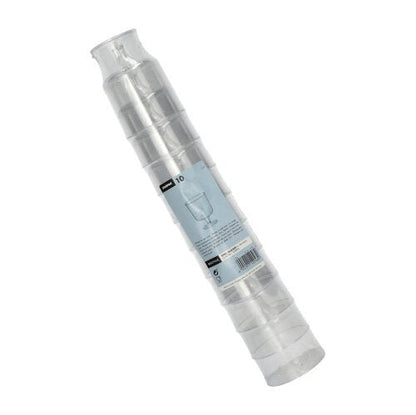 A stack of ten Starpak 0.2l stem glasses for red wine made of crystal-clear polystyrene (individual, Ø7.2cm, 10cm high) is packaged in shrink wrap with blue and white product labeling and a wine glass illustration.