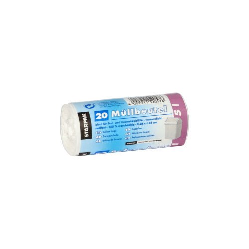 Starpak 20 trash bags, LDPE, white, 5l (44cm x 36cm), with banderole – ideal for small waste bins.
