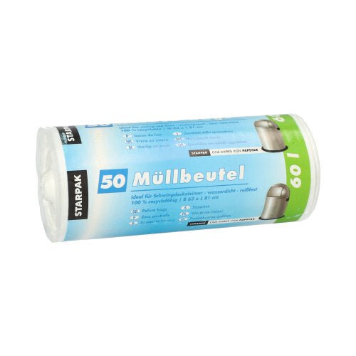 A roll of 50 Starpak garbage bags, white HDPE bags (60 l, 81 x 63 cm), with German labeling and packaged in a sleeve with the Starpak logo.