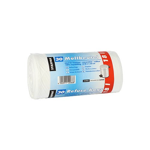 A roll with 30 Starpak 30 garbage bags (18 l, 52 cm x 46 cm, white, LDPE) with a blue-white band with the inscription "Garbage bags" and "Refuse bags" as well as a small garbage bin motif. Brand: Starpak.