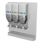 Three DQFM system dispensers (blue, green, blue), wall-mounted with a metal drip tray, pre-installed for low flow. Compatible with high concentrate for hygienic use. Brand: Diversey Deutschland GmbH & Co. OHG.