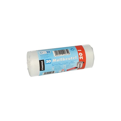 A roll with 20 transparent Starpak garbage bags with handles (20L, 48x47 cm, HDPE) with a blue-red band with the inscription “20 garbage bags 20L”, a barcode, a trash can image and the brand Starpak.