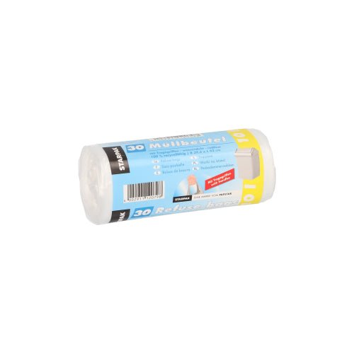 A roll of 30 transparent Starpak garbage bags with carrying handles (HDPE, 10 l, 42 x 39.5 cm) with banderole packaging, labeled in multiple languages, depicted against a plain white background.