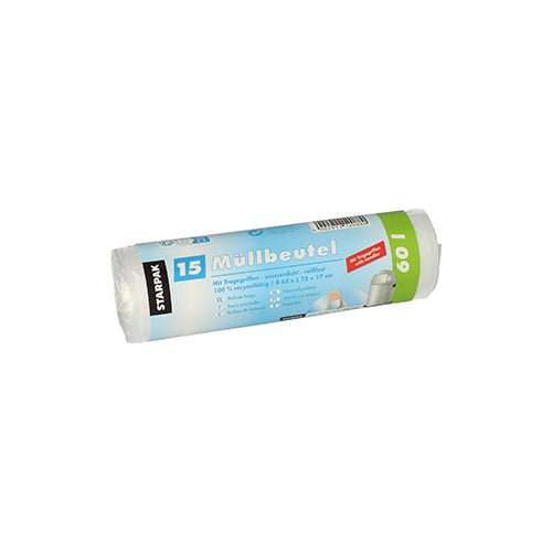 A roll of 15 Starpak garbage bags with carrying handles, HDPE 60 l (75 cm x 65 cm), transparent, is delivered in a banderole with clearly visible branding and product information.