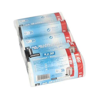 The Starpak 100 garbage bag pack contains 100 HDPE garbage bags (30 l, 60 cm x 50 cm), color sorted, with product information on the blue and red label.