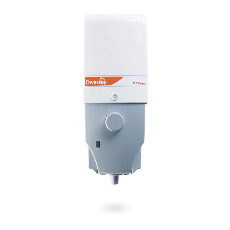 A white-grey wall dispenser from Diversey Deutschland GmbH & Co. OHG for high concentrates, labeled with "Diverflow with Sure Link System", with a central round grey button, bottom outlet, and high flow water connection (1 piece).