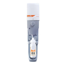 A gray-white Diverflow with Sure Link System dosing system for high concentrates, water connection low flow (Diversey Deutschland GmbH & Co. OHG) wall dispenser holds a cleaning agent bottle inside, which is visible when opened.