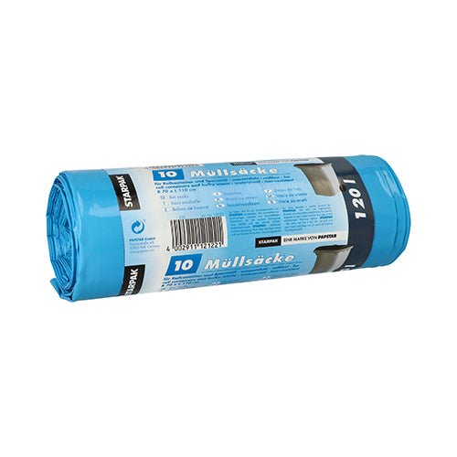 A roll with 10 Starpak 120L trash bags made of LDPE, with printed packaging, barcode, and Starpak branding, is depicted on a white background.