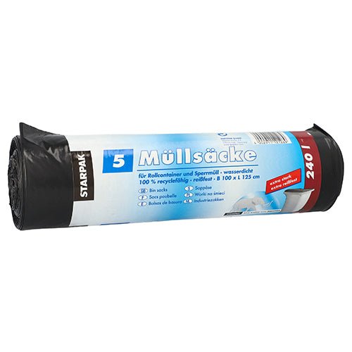Starpak 5 trash bags, black, 240l (100x125cm), made from 100% recyclable LDPE with German banderole.