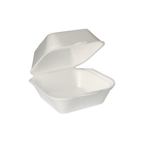 A white Starpak XPS hamburger box (7.5 x 12 x 12 cm) with a hinged lid, opened against a plain background. The package contains 100 shrink-wrapped boxes.