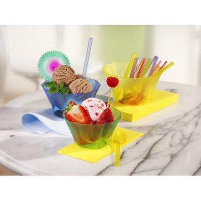 Two Starpak 54 ice cream and dessert bowls in pink (each 400 ml) are filled with fruits and ice picks on a marble floor; one contains chocolate ice cream with mint, the other strawberry ice cream with berries. Straws and spoons are in a third bowl, matching the playful pink design.