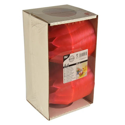 A pack of 54 pink Starpak dessert bowls (PS, 400 ml, Ø 12 cm × 7 cm) is presented upright. The partially transparent box shows the stacked bowls and features a label with product details and a picture of the bowls in use.