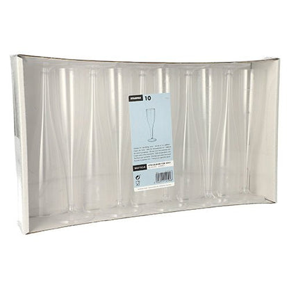 The Starpak 10 stem glasses for champagne (0.1 l, crystal clear, one-piece) are presented upright in a transparent cardboard tray with a central product label – perfect for stylish champagne enjoyment. The box contains 10 elegant PS plastic glasses.