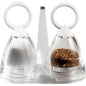 The salt/pepper set by Duni GmbH (50x30x50 mm) consists of transparent PS containers, practical round handles, and a matching stand - ideal for gastronomy. Packaging unit: 220 pieces.