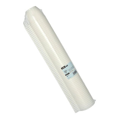 Pictured is a stack of 60 white Starpak coffee cups (PS, 0.18 l, Ø7.8 cm, 6 cm) wrapped in shrink wrap with a product label displaying details and quantity against a white background.