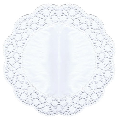 The PAPSTAR round doilies Ø 36 cm in white, ideal for cakes and pastries, feature a solid center and a delicate, wavy lace border. The set includes 6 pieces and is displayed flat on a white background.